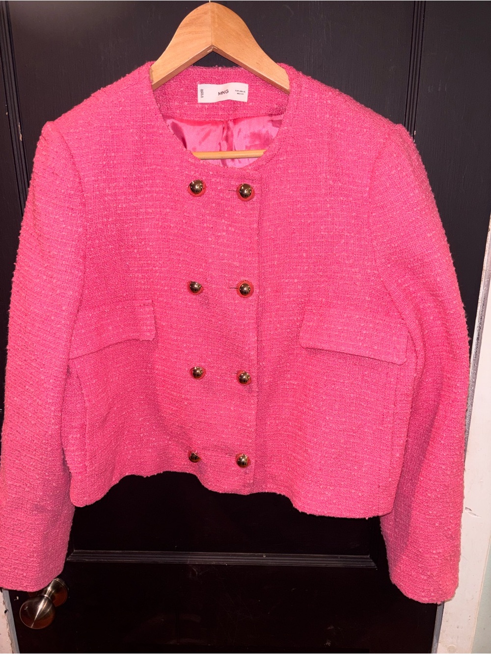MNG Mango Pink Boucle Tweed Double Breasted Jacket Blazer XL